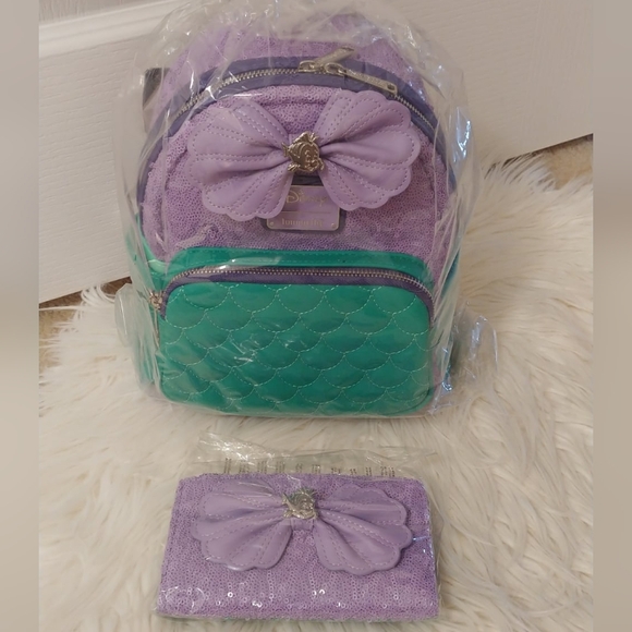 💜💚FIRM! NWT DISNEY LOUNGEFLY LITTLE MERMAID ARIEL SEQUINED MINI BACKPACK & WAL - Picture 9 of 9